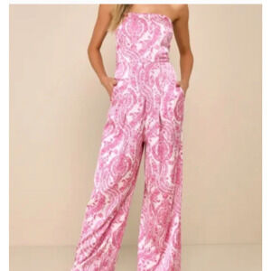 Lulus Jumpsuit Small Satin Pink Floral Wide Leg Strapless Boho Bali Babe